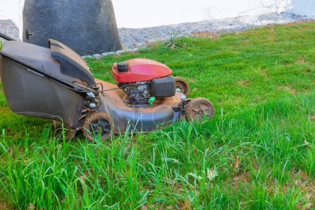 He uses lawn mower in his backyard for trimming cutting lawns on green grass