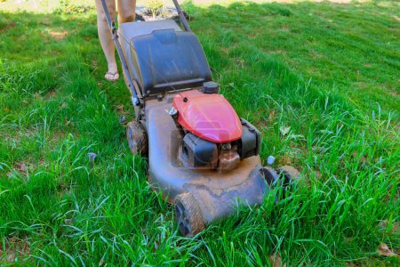 tailler les pelouses de coupe sur l'herbe verte dans la cour de sa maison en utilisant tondeuse à gazon