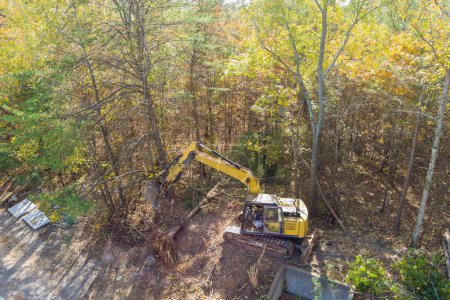 Téléchargez les photos : Pour préparer le terrain à la construction, les arbres ont été déracinés avec un tracteur pelle afin de faire place à la maison - en image libre de droit