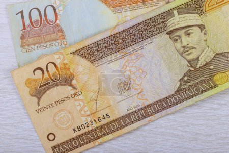 Currency in form of Dominican Republic paper money with variety of peso bills