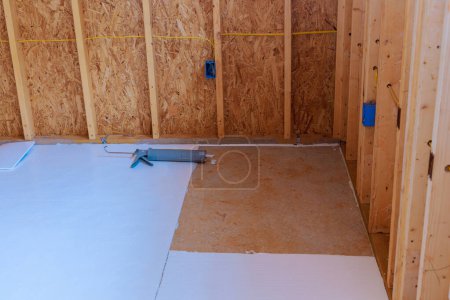 At inside of new house, expanded polystyrene was installed as thermal insulator for floors