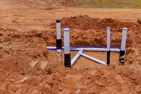 Es ist notwendig, unterirdische Wasserleitungen Sanitärrohre zu verlegen, bevor Betonfundament für neues Haus gegossen wird