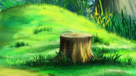 Big stump in the grass on a sunny summer day. Digital Painting Background, Illustration.