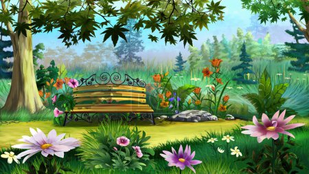 Eine Bank im Park inmitten von Blumen an einem sonnigen Sommertag. Digitale Malerei Hintergrund, Illustration.