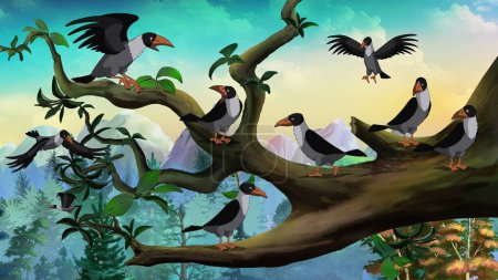 Hooded Crows on the branch.  Digital painting  full color illustration.
