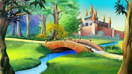 Foto de Paisaje con cuento de hadas castillo en un bosque y pequeño puente sobre el río azul. Fondo de pintura digital, Ilustración en personaje de estilo de dibujos animados
. - Imagen libre de derechos