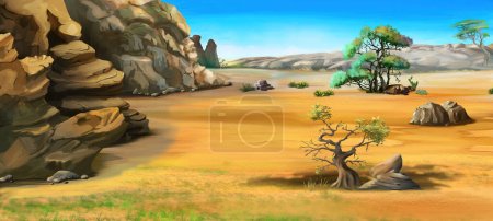 African savannah landscape with trees on a hot sunny day. Digital Painting Background, Illustration.