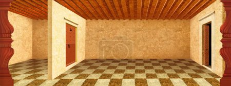 Hall intérieur vide avec plancher d'échecs. Peinture numérique Fond, Illustration.