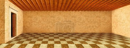 Téléchargez les photos : Hall intérieur vide avec plancher d'échecs. Peinture numérique Fond, Illustration. - en image libre de droit