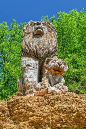 Téléchargez les photos : Odessa, Ukraine 06.06.2023. Sculpture en bois dans le parc écologique Nouveau Vasyuki à Odessa, Ukraine, par une journée d'été ensoleillée - en image libre de droit