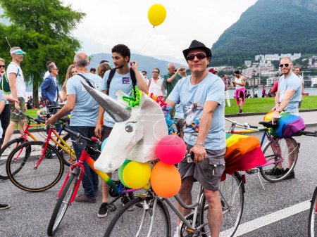 Photo for Lugano, Switzerland - June 2, 2018: Pride Lugano 2018. Public event for homosexual rights with a parade on the lakeside of the city. - Royalty Free Image