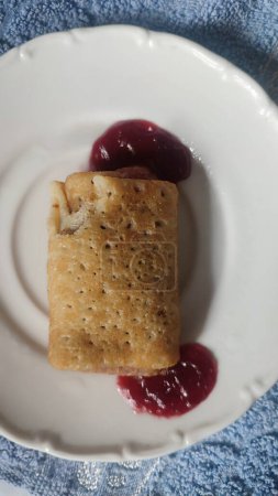 pancakes with cherries on a white plate, food dessert, delicious breakfast. High quality photo