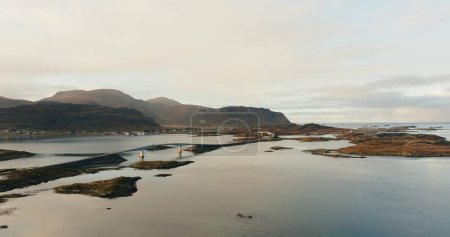 Fredvang Bridges Connecting the Islands at Volandstind, Lofoten: Aerial View at Dawn. High quality 4k footage