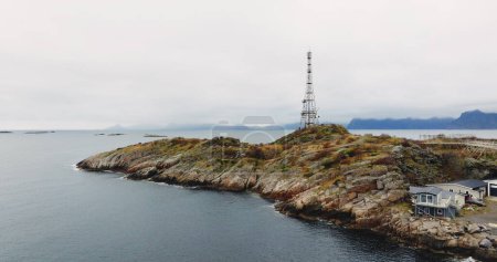Communication Tower Overlooking Henningsvaer in the Lofoten Archipelago. High quality 4k footage