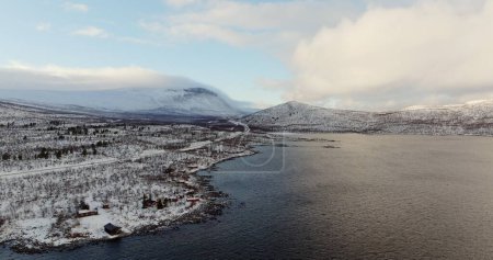 Aerial View of Snowy E10 Highway to Narvik, Norway. High quality 4k footage
