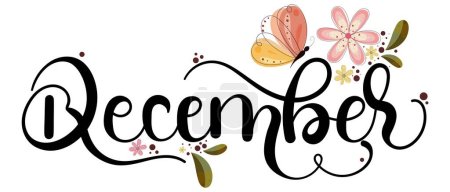 Hola, diciembre. Diciembre mes, caligrafía vector grabado con flores, mariposas y hojas. Texto de decoración floral. Cartas decorativas, Ilustración de diciembre