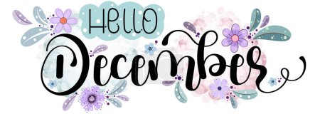 Hola, diciembre. Diciembre mes, caligrafía vector grabado con flores, y hojas. Texto de decoración floral. Cartas decorativas, Ilustración de diciembre