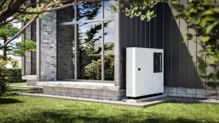 Heat pump installed at the wall of a single-family house 3d render showing renewable energy sources.