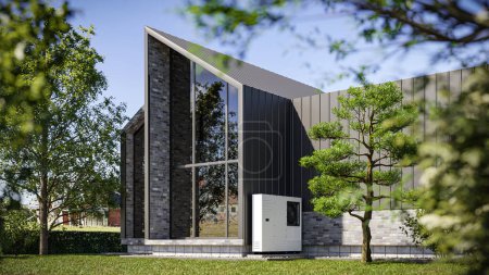 Téléchargez les photos : Une maison de grange moderne avec une mezzanine, de grandes fenêtres et une belle terrasse avec un jardin - rendu 3d - en image libre de droit
