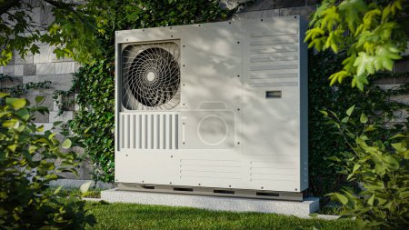 Photo for A heat pump against a wall covered with ivy. 3d render showing renewable energy sources. - Royalty Free Image