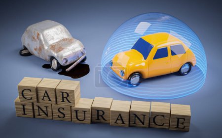 Car insurance concept. 3d illustration. A toy car protected by a force field, damagad car and inscription from wooden blocks