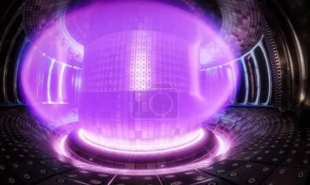 Photo for Fusion reactor. Toroidal chamber with a magnetic coil. device for carrying out a controlled thermonuclear reaction. Plasma emission around - Royalty Free Image