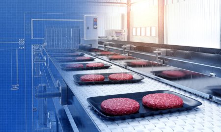 Hamburger Fleischproduktionslinie mit überlagertem Bauplan im CAD-Programm - 3D-Abbildung
