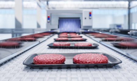 Téléchargez les photos : Convoyeur dans une usine de côtelettes de hamburger de bœuf prêtes à l'emploi - une usine moderne de bio-impression de viande écologique- illustration 3D - en image libre de droit
