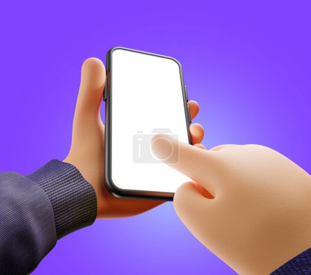 Foto de Manos de dibujos animados utilizan smartphone con pantalla en blanco - dedo tocando en la pantalla del teléfono - ilustración 3d - Imagen libre de derechos