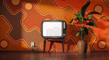 Téléchargez les photos : Vintage écran blanc TV contre papier peint des années 60, à côté de la plante dans un pot - en image libre de droit