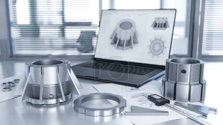 Engineer's desk while testing the quality of thread and fit mechanical components, using a caliper and a laptop with a CAD program - 3d illustration