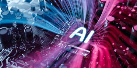 Procesador con un logotipo de líneas de neón de IA brillante - inteligencia artificial en una placa de circuito - El futuro de la tecnología informática y la automatización de la máquina - ilustración 3d