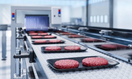 Téléchargez les photos : Convoyeur dans une usine de côtelettes de hamburger de bœuf prêtes à l'emploi - une usine de viande bio-imprimée écologique moderne - 3d illustation - en image libre de droit