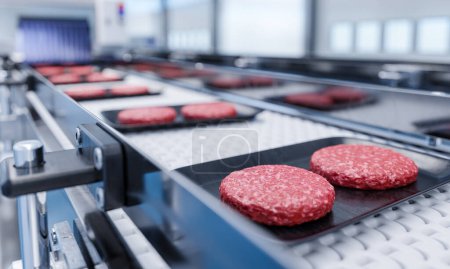 Téléchargez les photos : Convoyeur dans une usine de côtelettes de hamburger de bœuf prêtes à l'emploi - une usine moderne de bio-impression de viande écologique- illustration 3D - en image libre de droit