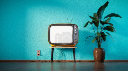 Vintage blank screen TV against isolated blue wall, net to plant in a pot