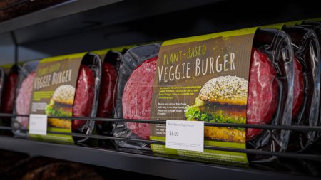 Foto de Hamburguesa vegana envasada al vacío en un estante de la tienda - ilustración 3d - Imagen libre de derechos