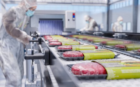 Téléchargez les photos : Convoyeur dans une usine de côtelettes de hamburgers végétariens prêts à l'emploi - une usine moderne écologique moderne - 3d illustation - en image libre de droit