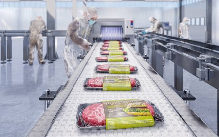 Téléchargez les photos : Convoyeur dans une usine de côtelettes de hamburgers végétariens prêts à l'emploi - une usine moderne écologique moderne - 3d illustation - en image libre de droit
