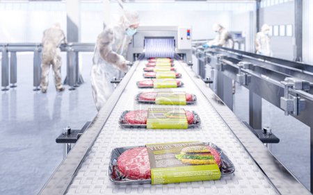 Téléchargez les photos : Convoyeur dans une usine de côtelettes de hamburger végétal végétal prêt à l'emploi - une usine moderne écologique moderne- 3d illustation - en image libre de droit