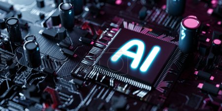 Prozessor mit leuchtendem KI-Logo - Künstliche Intelligenz auf einer Leiterplatte - Die Zukunft der Computertechnologie und Maschinenautomatisierung - 3D-Illustration