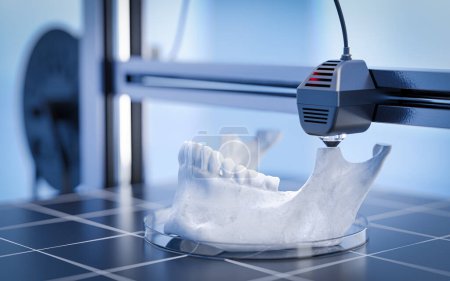 Téléchargez les photos : Impression d'une mâchoire humaine avec ses dents à l'aide de la bioimpression 3D l'avenir de la dentisterie et de la médecine. Illustration 3D - en image libre de droit
