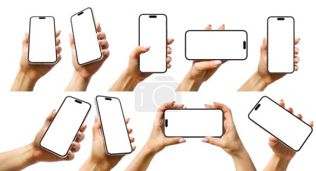 Téléchargez les photos : Une main femme tenant iPhone 14 Pro sur un fond transparent ou blanc - en image libre de droit