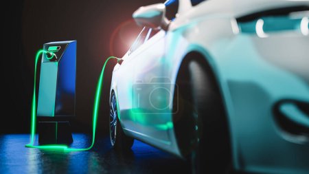Téléchargez les photos : La voiture électrique se charge, isolée sur un fond noir - une image futuriste avec des effets de lumière symbolisant le flux d'électricité du chargeur à la batterie de la voiture. - en image libre de droit