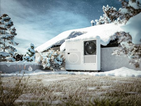 A heat pump with photovoltaic panels installed on the roof of a single-family house, an eco-friendly heating solution for the property during winter.