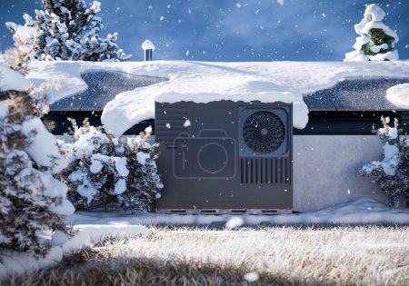 Téléchargez les photos : Une pompe à chaleur avec panneaux photovoltaïques installés sur le toit d'une maison unifamiliale, une solution de chauffage écologique pour la propriété en hiver. - en image libre de droit