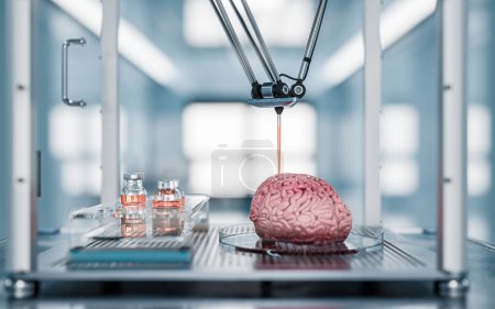 Téléchargez les photos : Bioimpression 3D du cerveau humain. Concept futuriste d'impression d'organes humains à l'aide d'une imprimante. Rendu 3d - en image libre de droit