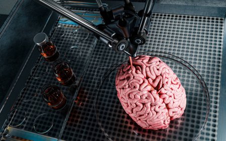 Téléchargez les photos : Bioimpression 3D du cerveau humain. Concept futuriste d'impression d'organes humains à l'aide d'une imprimante. Rendu 3d - en image libre de droit