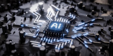 AI processor on the mainboard of an electronic component. Concept of devices utilizing artificial intelligence module. 3d render image.