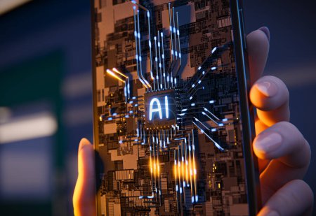 Concept of smartphones with implemented AI technology. Animation showcasing a smartphone held in a female hand, with an animated AI CPU appearing on the screen. 3d render