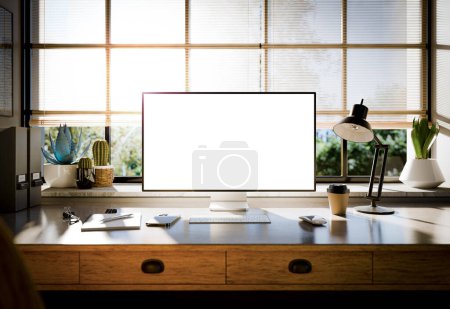 Foto de Ordenador todo en uno con una pantalla en blanco frente en el interior de la oficina ecológica loft industrial verde. 3d renderizar - Imagen libre de derechos